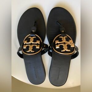 Tory Burch Miller Black Leather Sandals with Metal Gold Logo Emblem